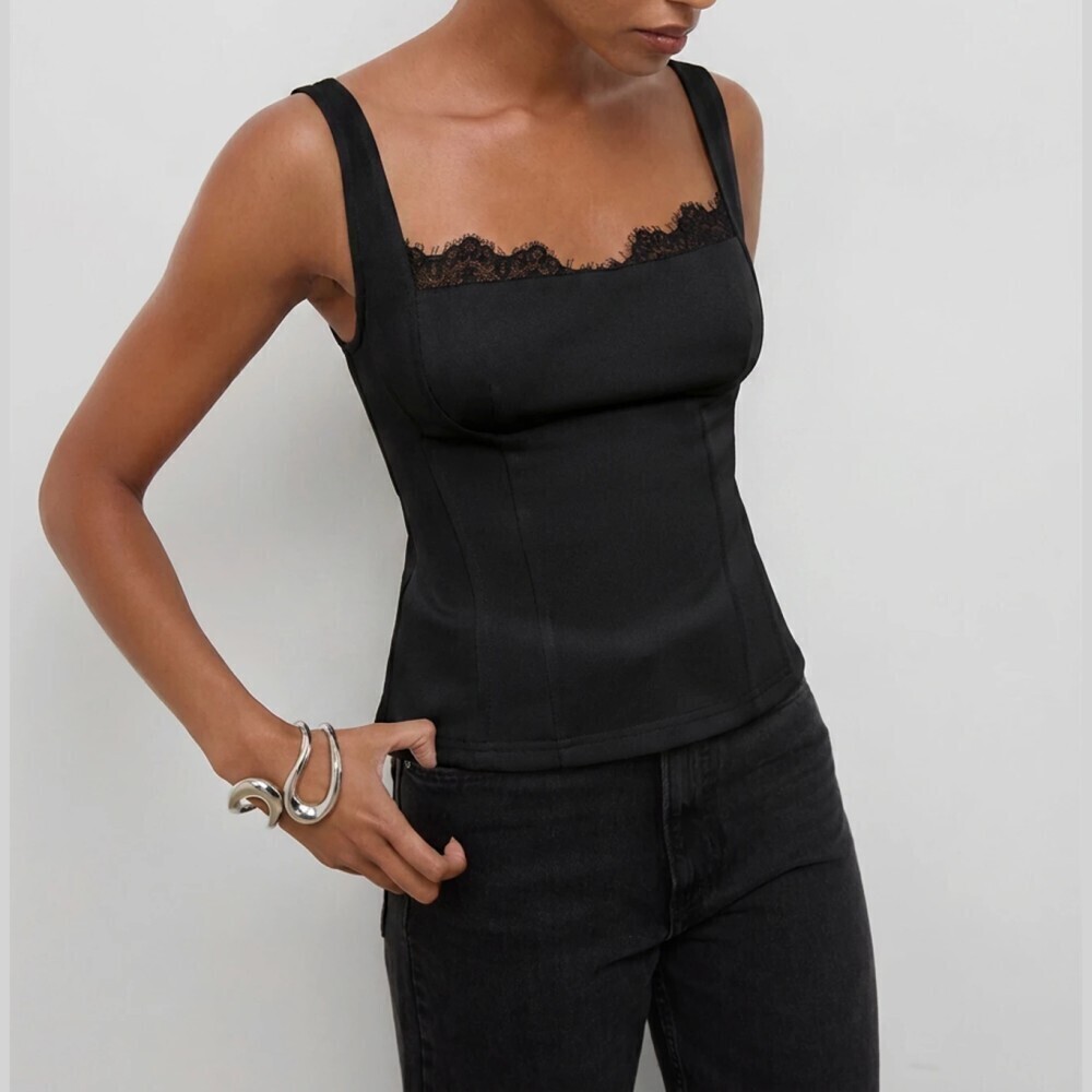 Black Lace Trim Square Neck Fitted Camisole Top